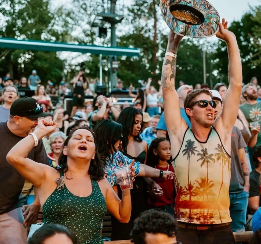 A crowd on its feet at a Britt Festival concert.